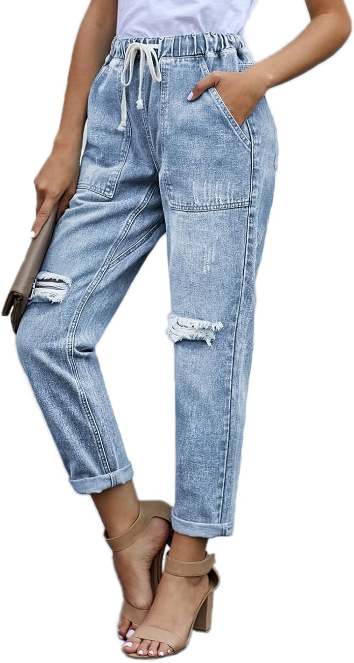 Alaster Queen Jeans Damen Lässig High Waist Jeans Baggy Jeans Damen Knie Zerrissen Jeans 209-hellbla