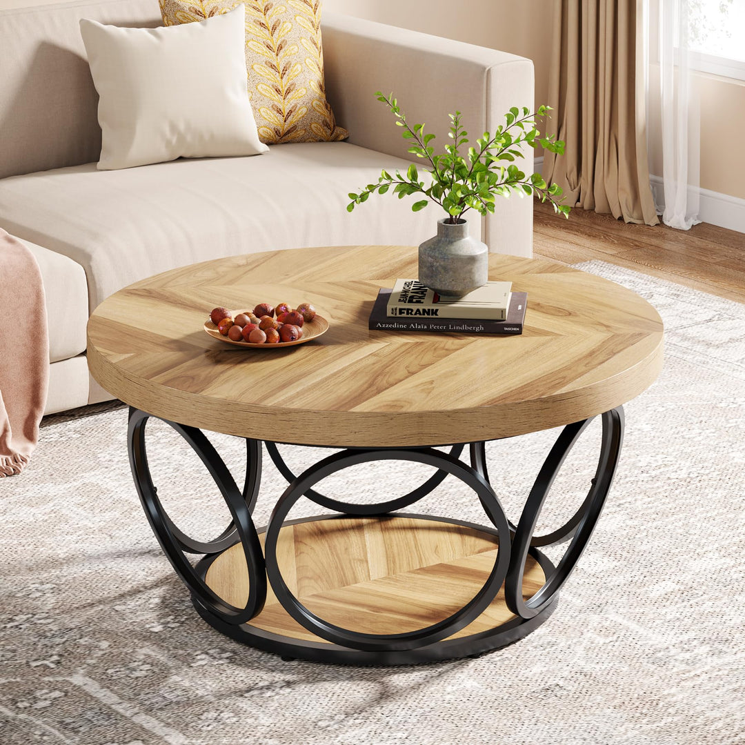 Tribesigns Runder Couchtisch, 80 cm Holztisch mit 2-Ebenen Lagerung, Bauernhaus Grosse Runde wohnzim