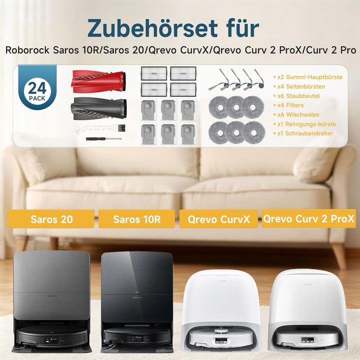24 Stück Zubehör für Roborock Saros 10R/Qrevo CurvX/Qrevo Curv 2 ProX/Curv 2 Pro Saugroboter,2 Haupt