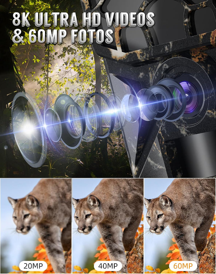 Wildkamera, 8K 60MP Solar Wildkamera mit Handyübertragung App, 7800mAh Akku, Bewegungsmelder 0,1s Au