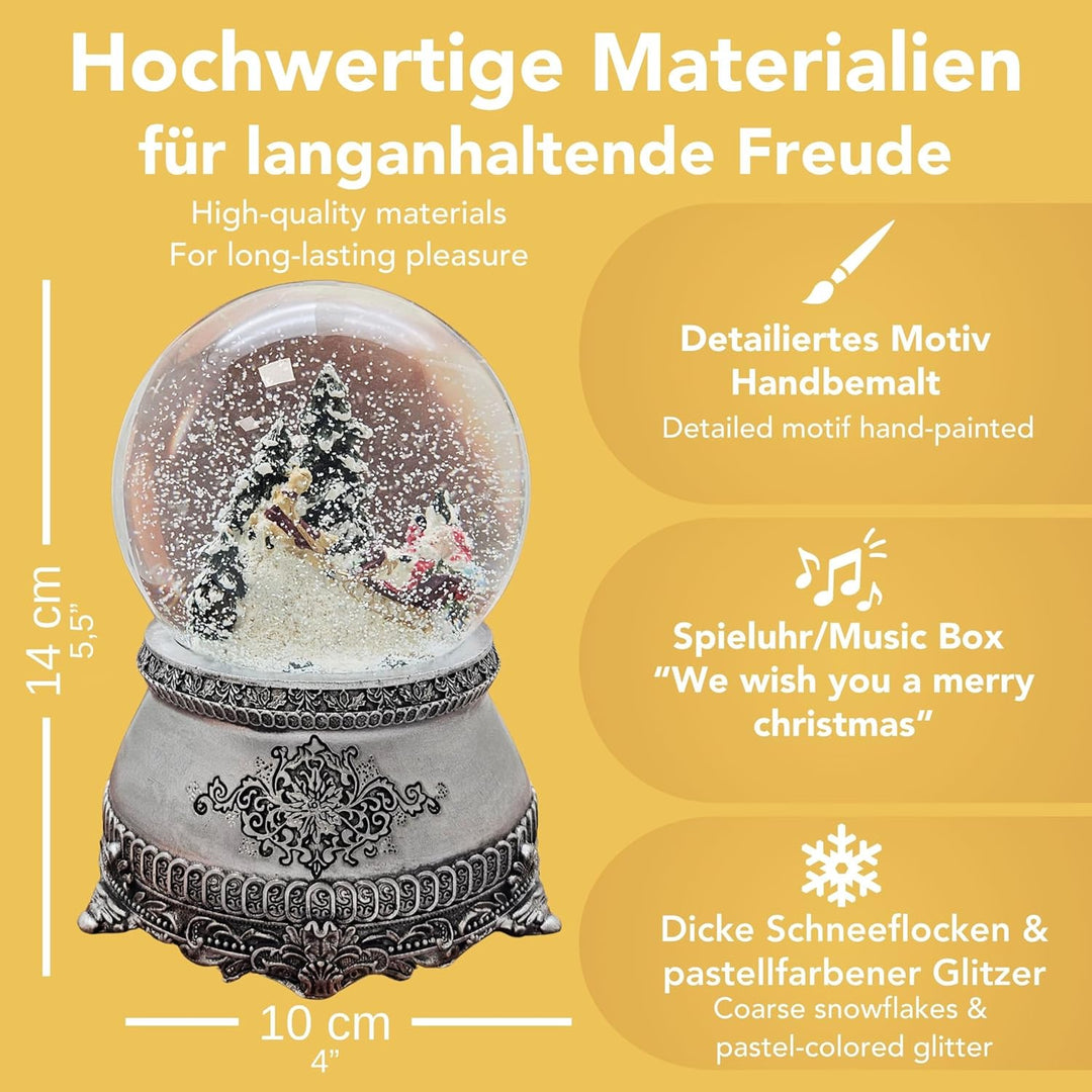 Nostalgie Schneekugel Weihnachtsmann im Schlitten im Winterwald * auf Silber Sockel mit Landschaft *