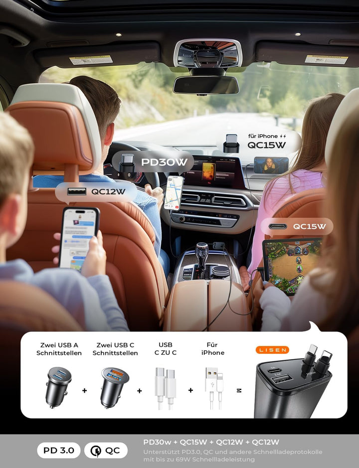 LISEN 69W Einziehbares Zigarettenanzünder USB C Schnellladegerät Ladegerät Auto Retractable ladekabe