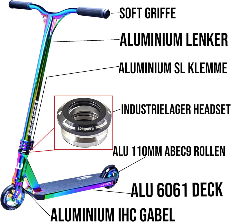 Longway Metro Stunt-Scooter Park Trick Tret Roller + F26 Sticker 2K19 H=79cm Rainbow, 2K19 H=79cm Ra