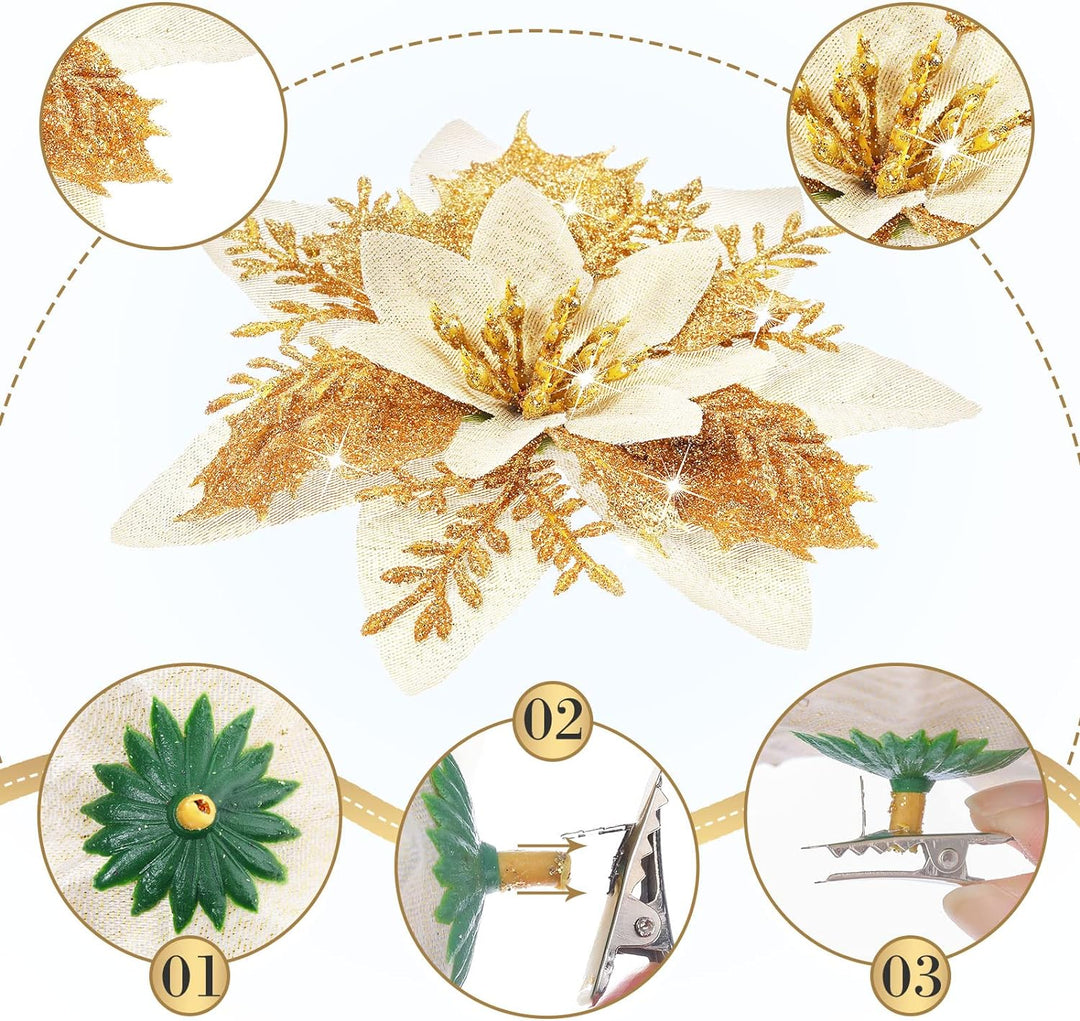 24 Glitzer Weihnachtsstern Blumen Künstliche Weihnachten Blumen Ornamente Hochzeit Blume Deko Weihna