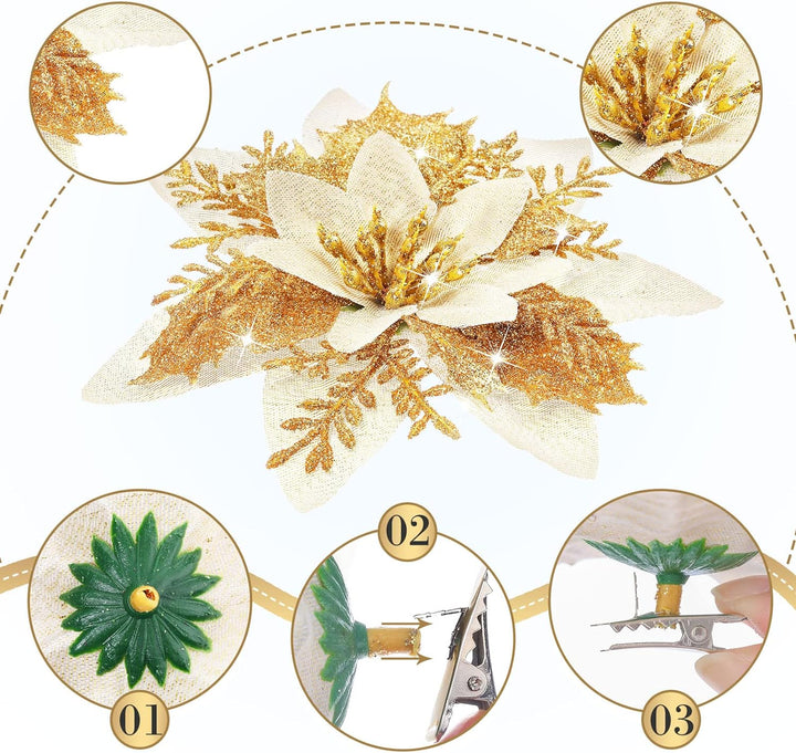 24 Glitzer Weihnachtsstern Blumen Künstliche Weihnachten Blumen Ornamente Hochzeit Blume Deko Weihna