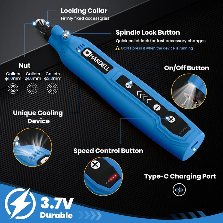 HARDELL Mini Akku Rotationswerkzeug mit LED, 5 Geschwindigkeiten (5000-18000 U/min), 3,7V Multifunkt