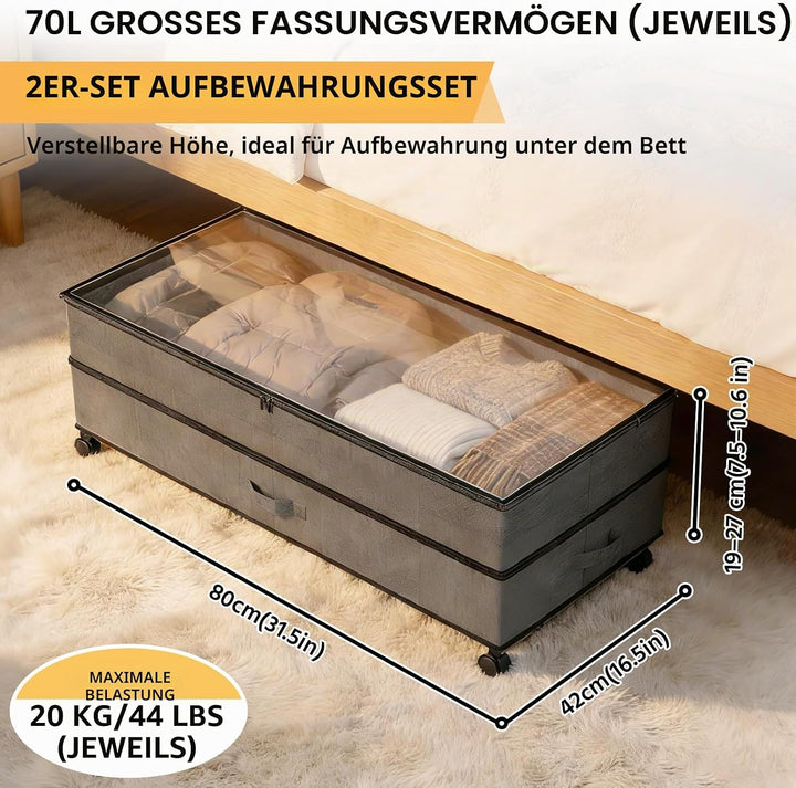 JAOGAUS Unterbett-Aufbewahrungsboxen auf Rollen, 2er-Set 75L Unterbett-Organizer mit Deckel, Höhenve