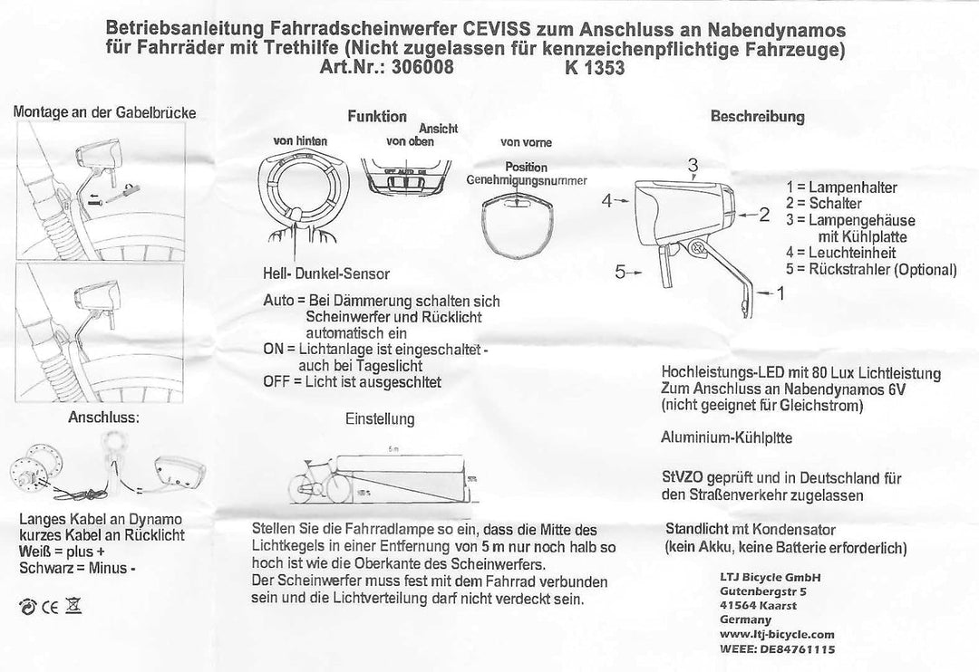 CBK-MS Fahrradlicht LED Scheinwerfer 75 Lux mit Sensor Schalter und Standlicht Fahrradlampe mit StVZ