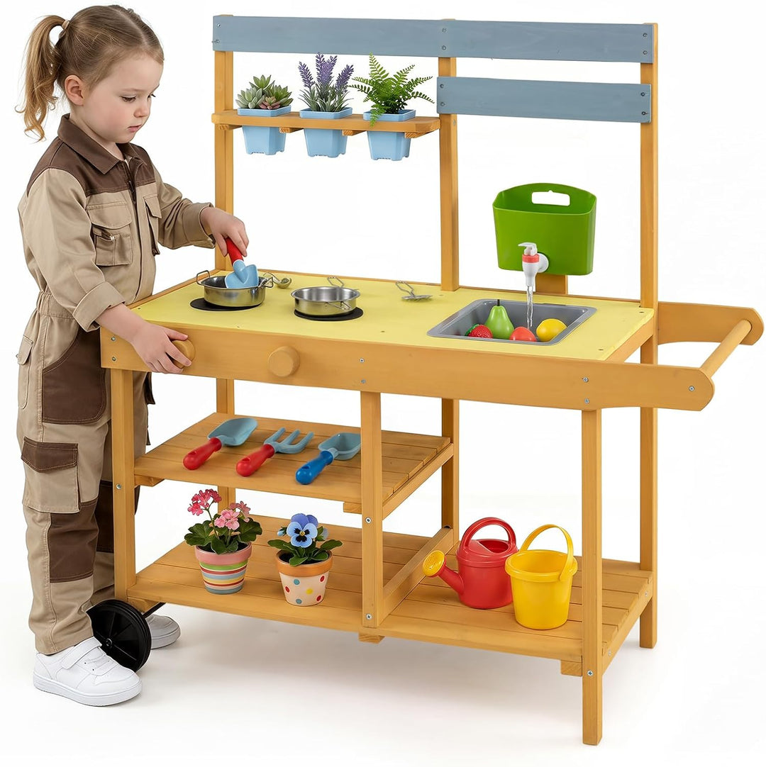 COSTWAY Matschküche Kinder Outdoor, Spielküche mit Wassertank &amp; Wasserhahn | Kinderküche mit Rädern,