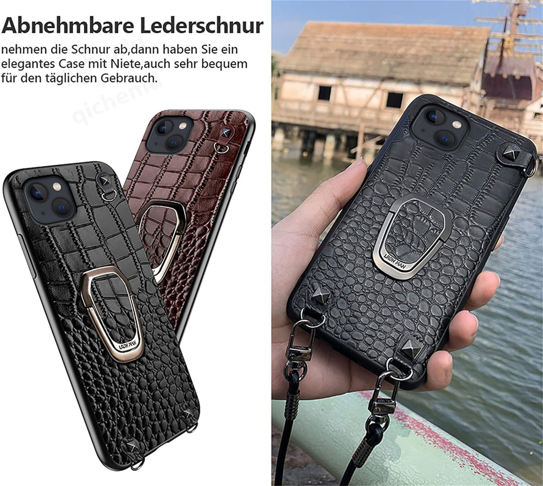 qichenlu Magnethalter Handyhülle mit Band für iPhone 14,Niete Echtleder Backcover Abnehmbare Handyke