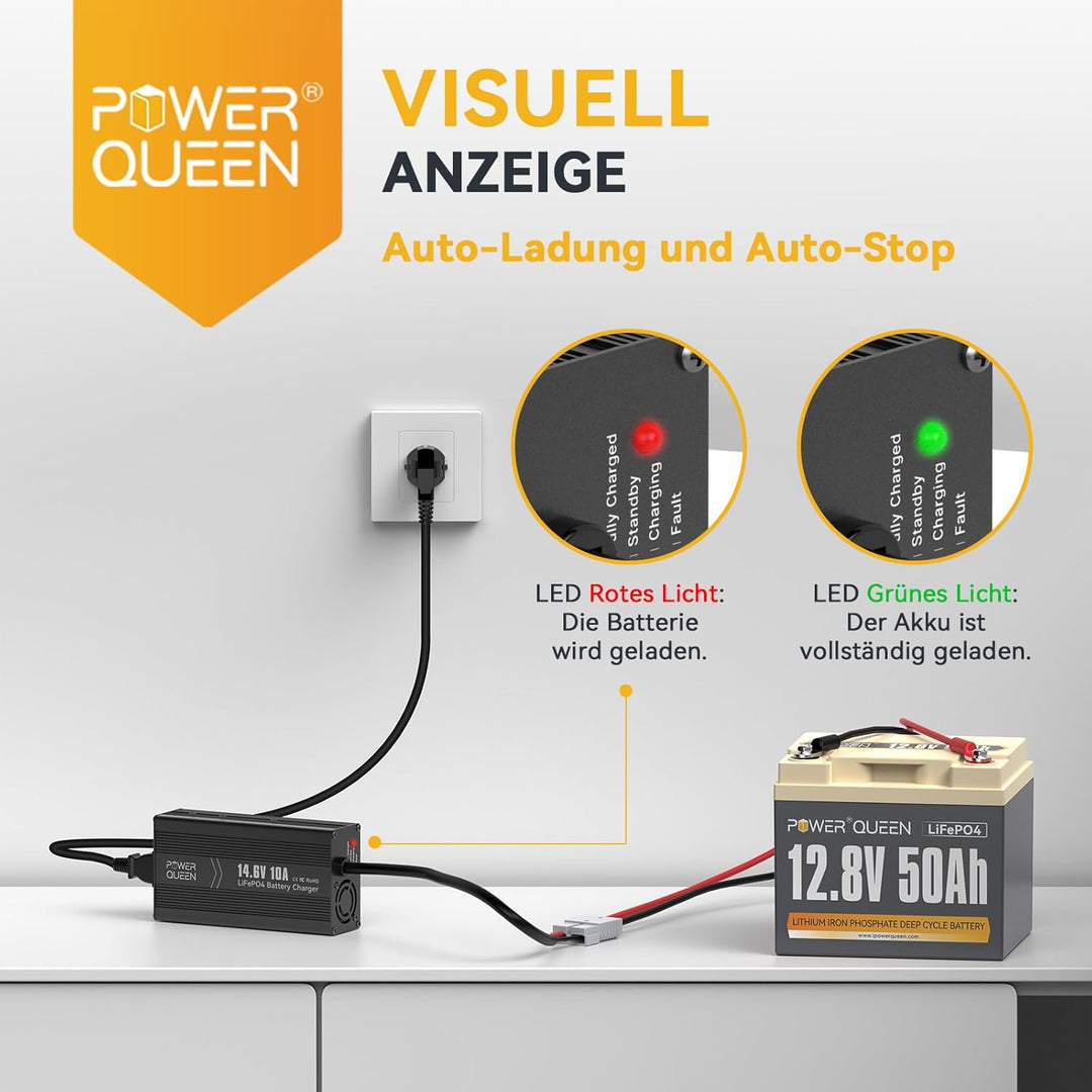 Power Queen 12,8V 50Ah LiFePO4 Akku Lithiumbatterie mit 14.6V 10A LiFePO4 Batterie Ladegerät Konstan
