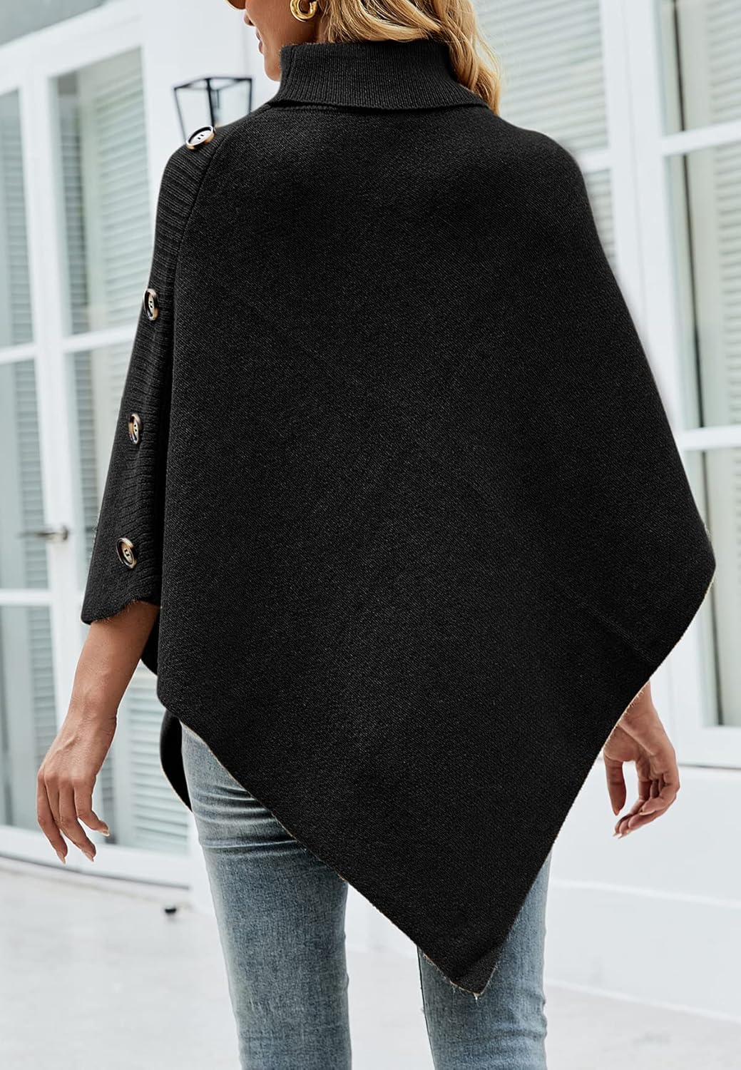 KOOSUFA Damen Strickponcho Rollkragen Gestrickter Poncho mit Dekorativen Knöpfen Strick Pullover Pon