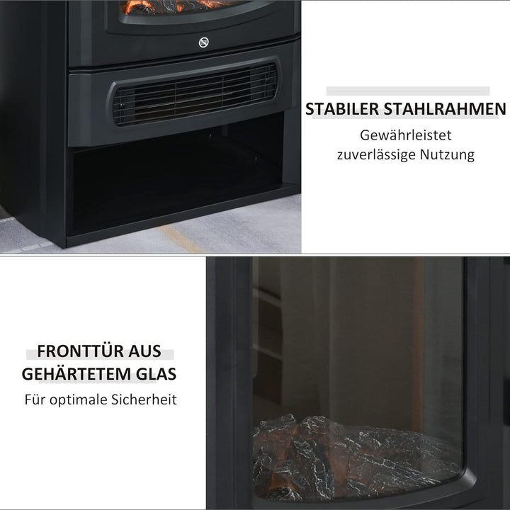 HOMCOM Elektrokamin E-Kamin mit Flammeneffekt Thermostat Kaminofen 1000 W/2000 W, 20–25 qm, Schwarz