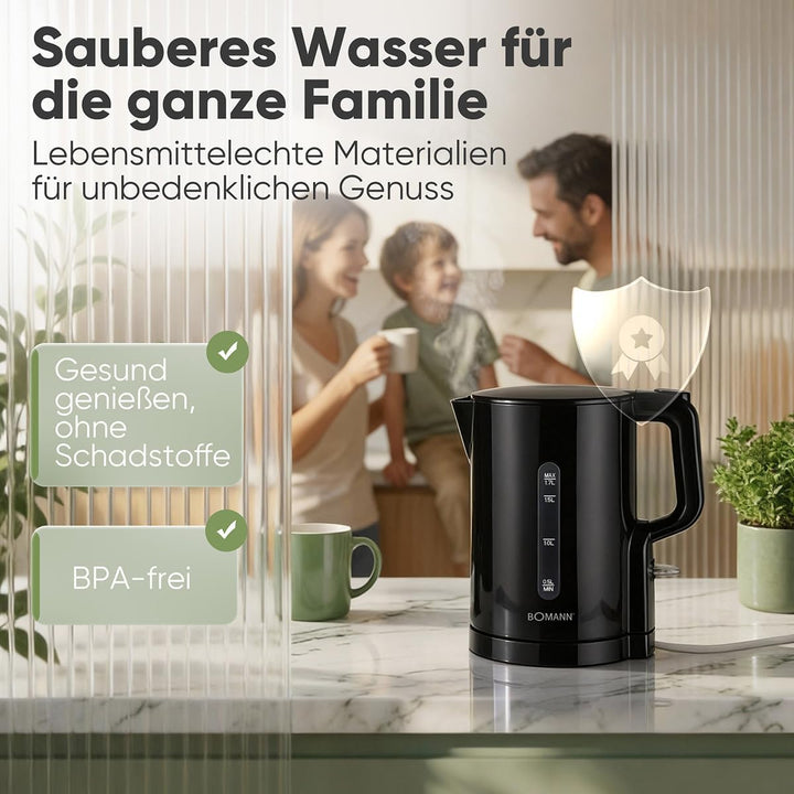 Bomann Wasserkocher 1,7L | 2200W für schnelles Erhitzen | BPA frei | Einhandbedienung | Wasserstands