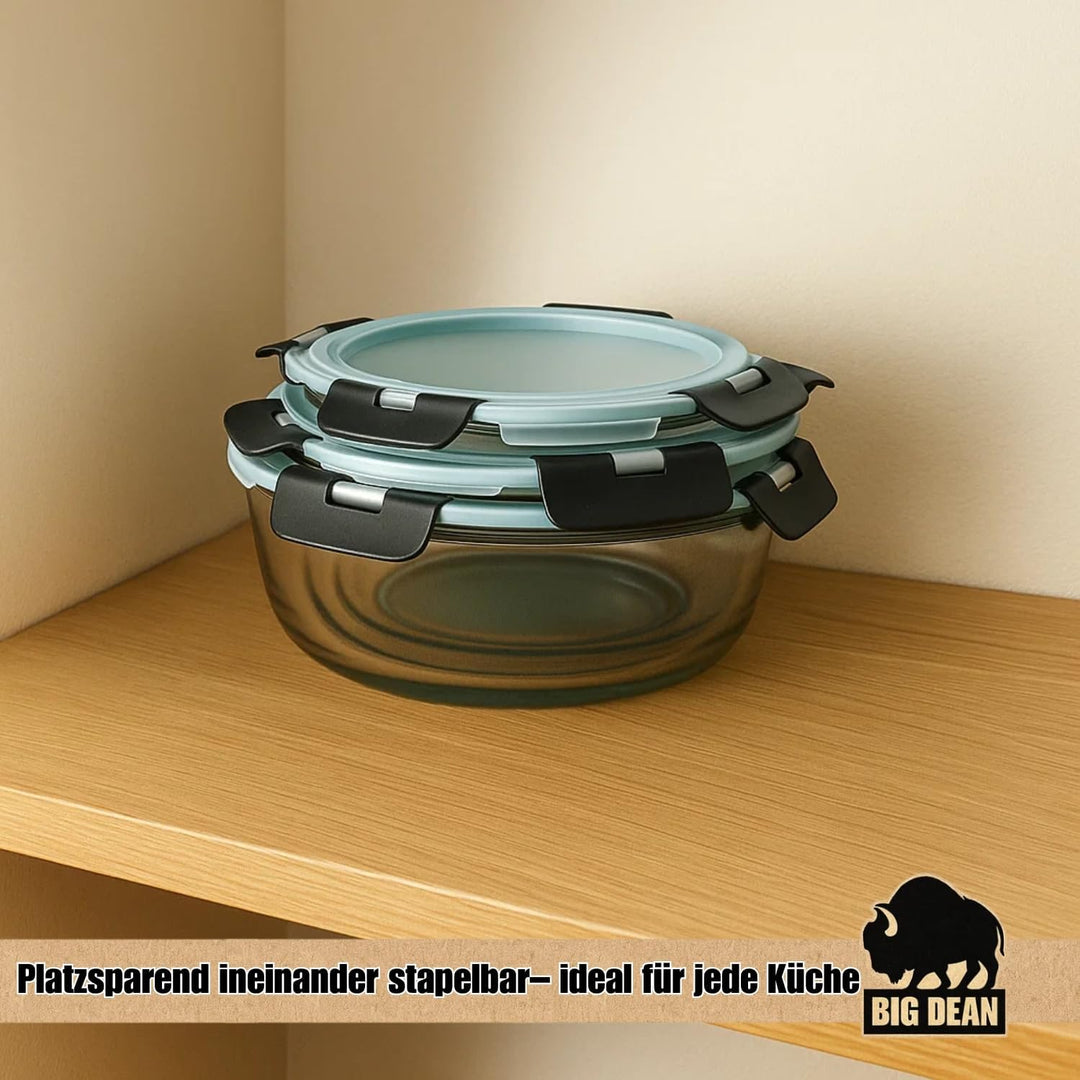 BigDean Glasbehälter mit Deckel in 3 Grössen - Mikrowellengeschirr Glas - Meal Prep Container - Rund