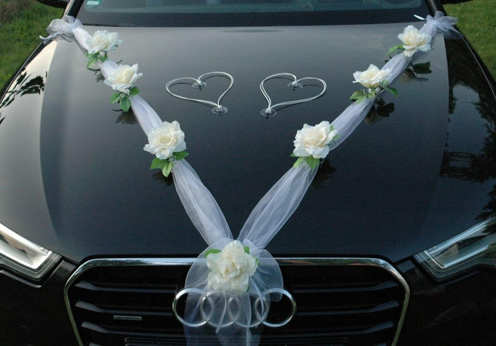 Organza M + Schleife Auto Schmuck Braut Paar Rose Deko Dekoration Autoschmuck Hochzeit Car Auto Wedd