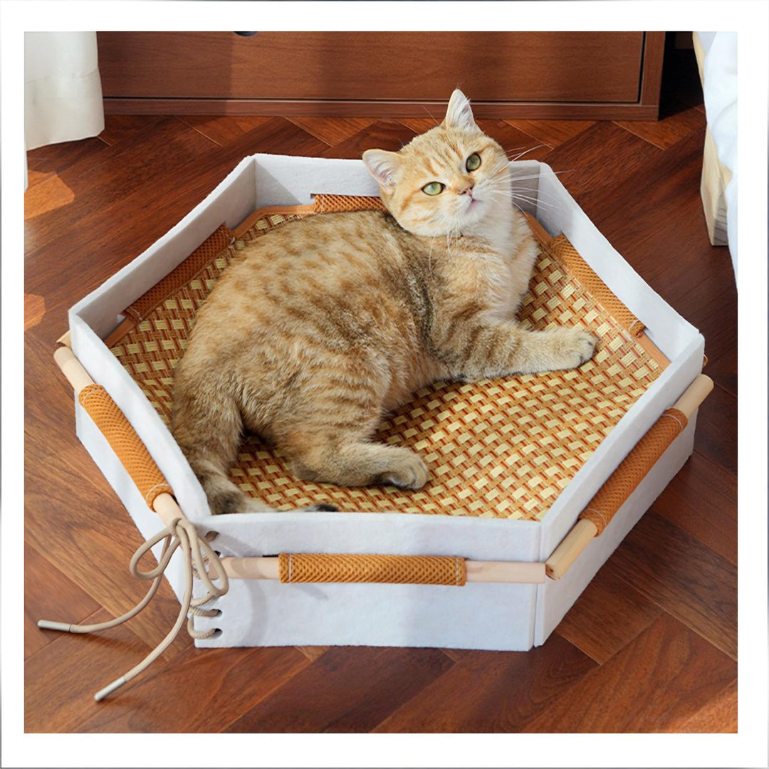Sechseckiges Katzenbett mit Bambusmatte – Doppelseitig für Sommer (Kühlt) &amp; Winter (Wärmt), Abnehmba