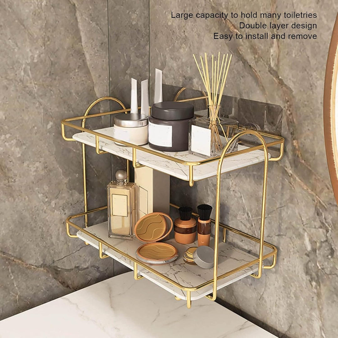 Bad-Organizer mit 2 Ebenen, Goldfarbenes Metall-Regal für Kosmetik & Parfüm, Wasserdichtes Tablett f