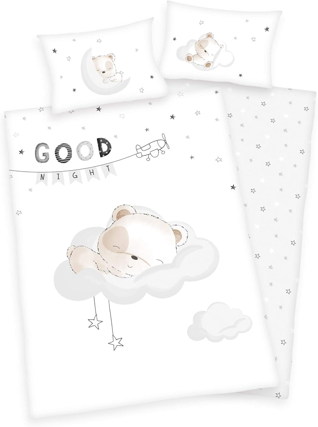 Arle-Living 3 TLG. Baby Renforcé Bettwäsche Set mit Wende Motiv: schlafendes Bärchen - 100x135 cm +