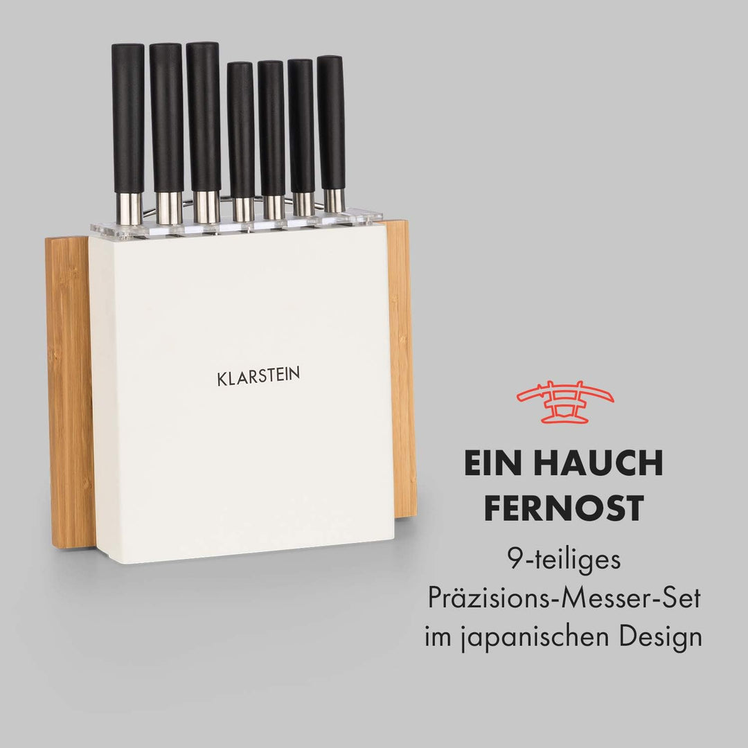 Klarstein Kitano Plus Messer-Set - 9 tlg. Set mit Holzblock und Bambus-Schneidebrett, 7 Präzisionskl