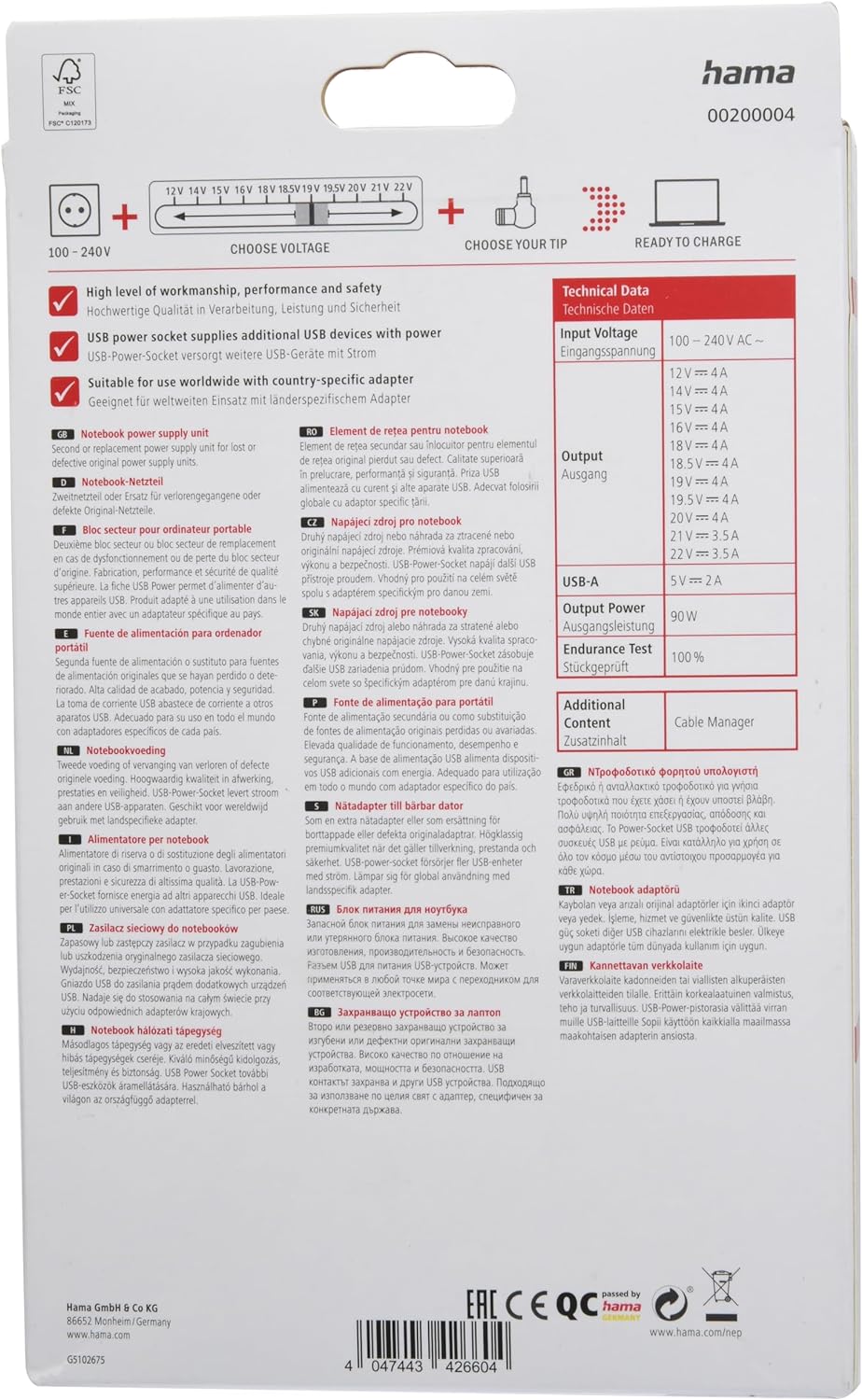 Hama Notebook Netzteil 12 V, 14 V, 15 V, 16 V, 18 V, 18.5 V, 19 V, 19.5 V, 20 V, 21 V, 22 V, 90W (Un