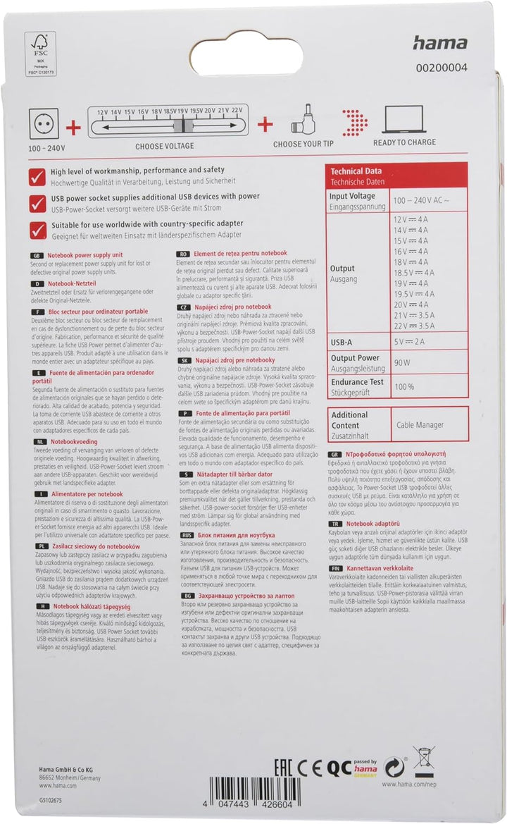 Hama Notebook Netzteil 12 V, 14 V, 15 V, 16 V, 18 V, 18.5 V, 19 V, 19.5 V, 20 V, 21 V, 22 V, 90W (Un