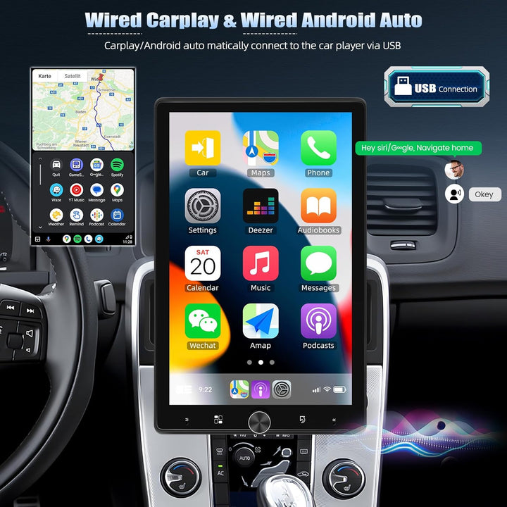 CAMECHO Autoradio 1 Din 10.4 Zoll Wireless Carplay Android Auto mit Rückfahrkamera, Bildschirm Drehb