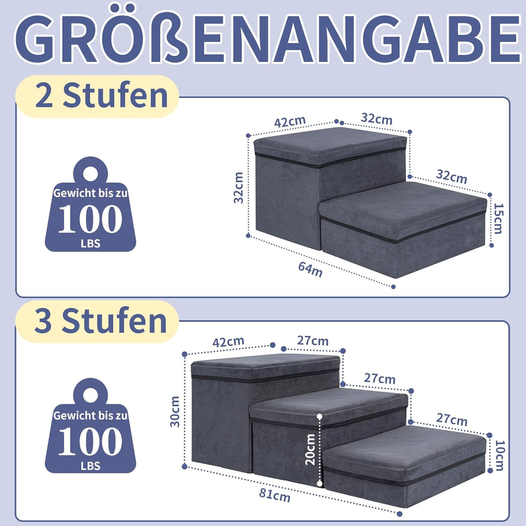 Hundetreppe mit Stauraum, 2 Stufen, faltbar, extra breite Haustierrampe, rutschfeste Hunderampe,Haus