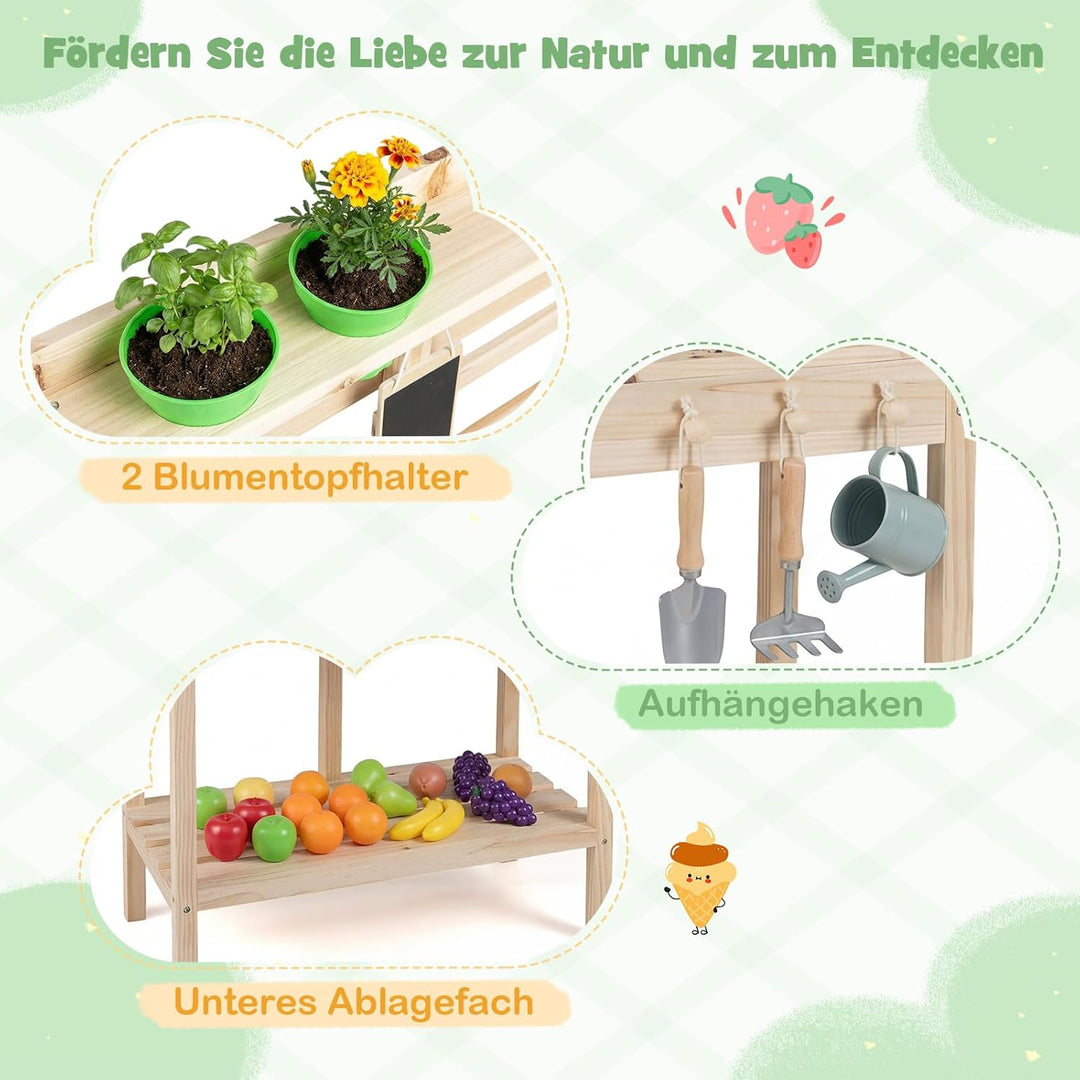 COSTWAY Matschküche Kinder Outdoor, Kinderküche Holz mit Herd, Spüle & Tafel, Spielküche mit Pflanzk