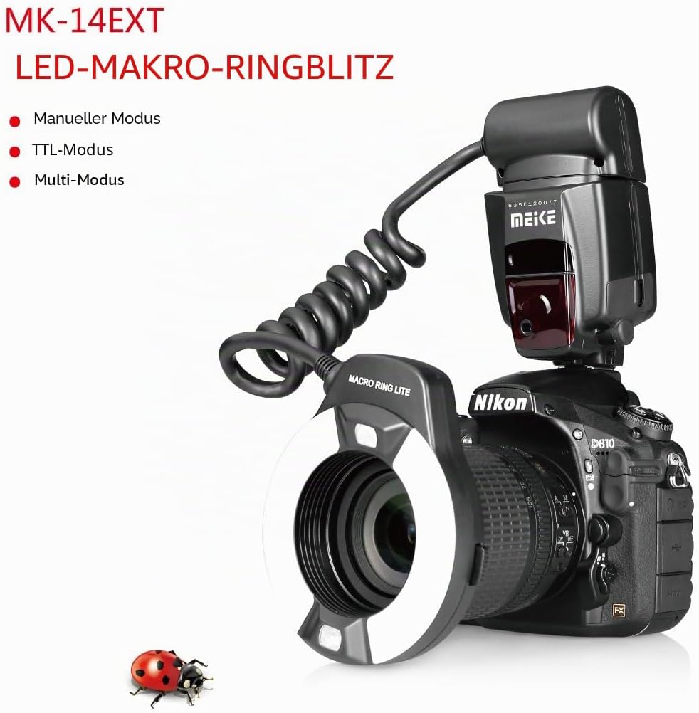 Meike MK-14EXT-N E-TTL Makro LED Ringblitz mit LED AF Assist Lampe für Nikon DSLR Kamera