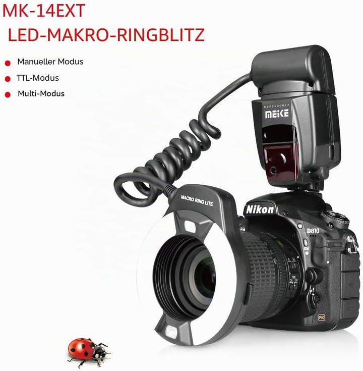 Meike MK-14EXT-N E-TTL Makro LED Ringblitz mit LED AF Assist Lampe für Nikon DSLR Kamera