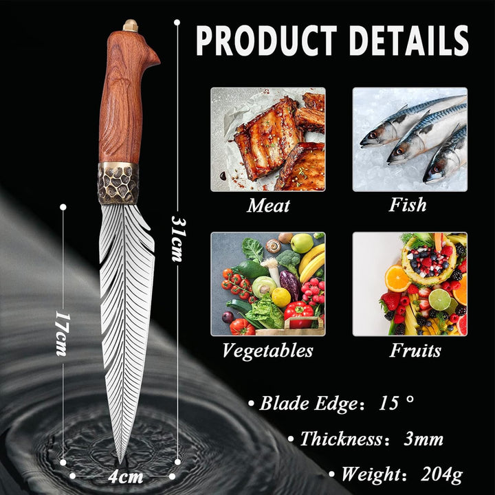 PURPLEBIRD Handgeschmiedetes Japanisches Kochmesser mit Lederhülle,Scharfes Ausbeinmesser mit Holzgr