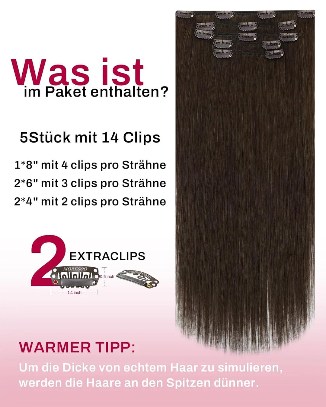 Moresoo Haarverlängerung Echthaar Clip in Extensions Echthaar Dunkelbraun Menschliches Haar Remy Cli