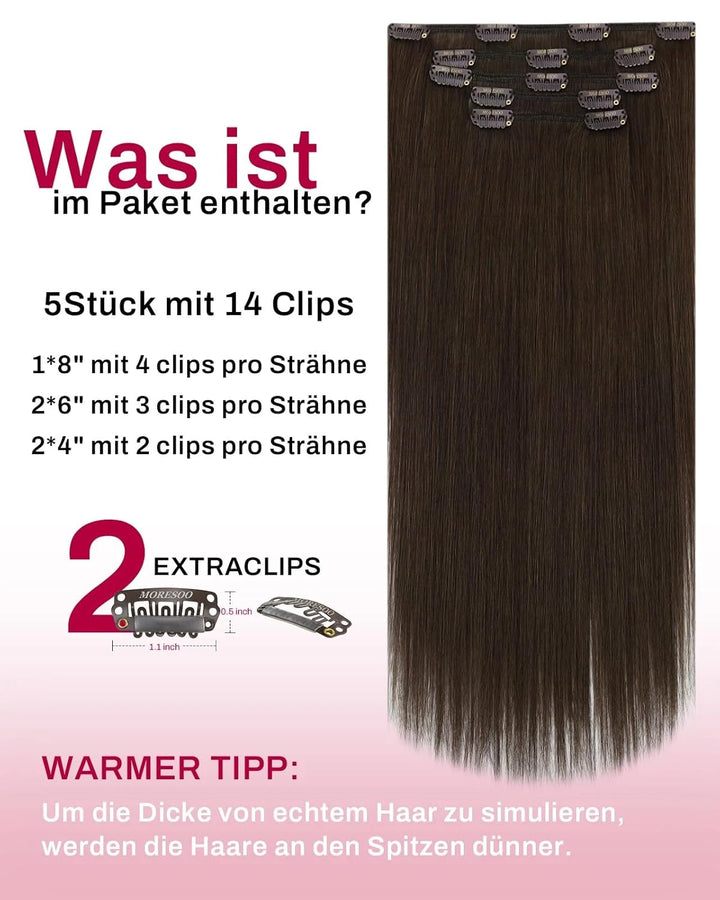 Moresoo Haarverlängerung Echthaar Clip in Extensions Echthaar Dunkelbraun Menschliches Haar Remy Cli