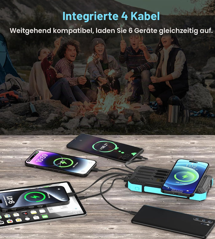 56800mAh Solar Powerbank, Wireless Power Bank gross mit 4 Kabeln, 30W PD Schnellladefunktion, 6 Ausg