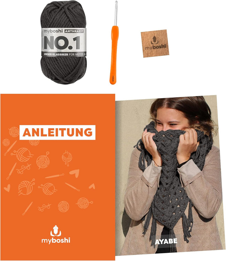 myboshi Häkelset Dreieckstuch Ayabe, inkl. No.1 Wolle, Nadel und Anleitung, Häkelpaket für Anfänger,