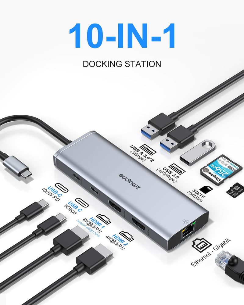 USB C Docking Station Dual Monitor 8K+4K HDMI Display, 10-in-1 4K@120Hz Dockingstation USB C Hub mit