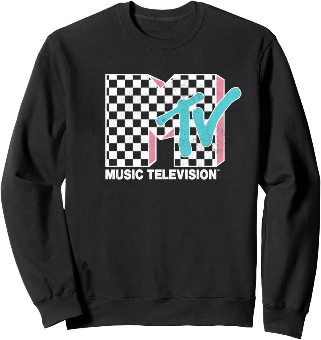 MTV Neon Distressed Checkered Logo Sweatshirt