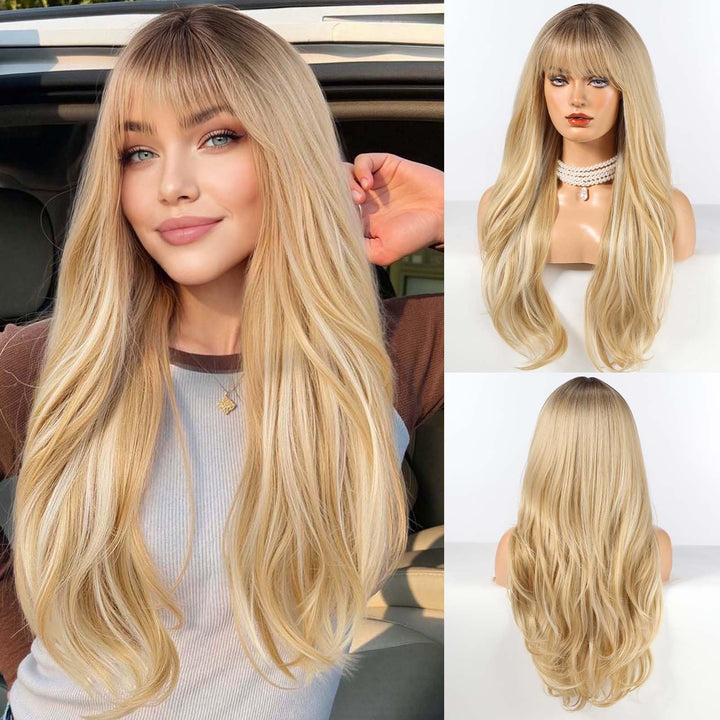 HAIRCUBE Lange blonde Perücke mit Pony, geschichtete lockige Perücken für Frauen, natürliche synthet