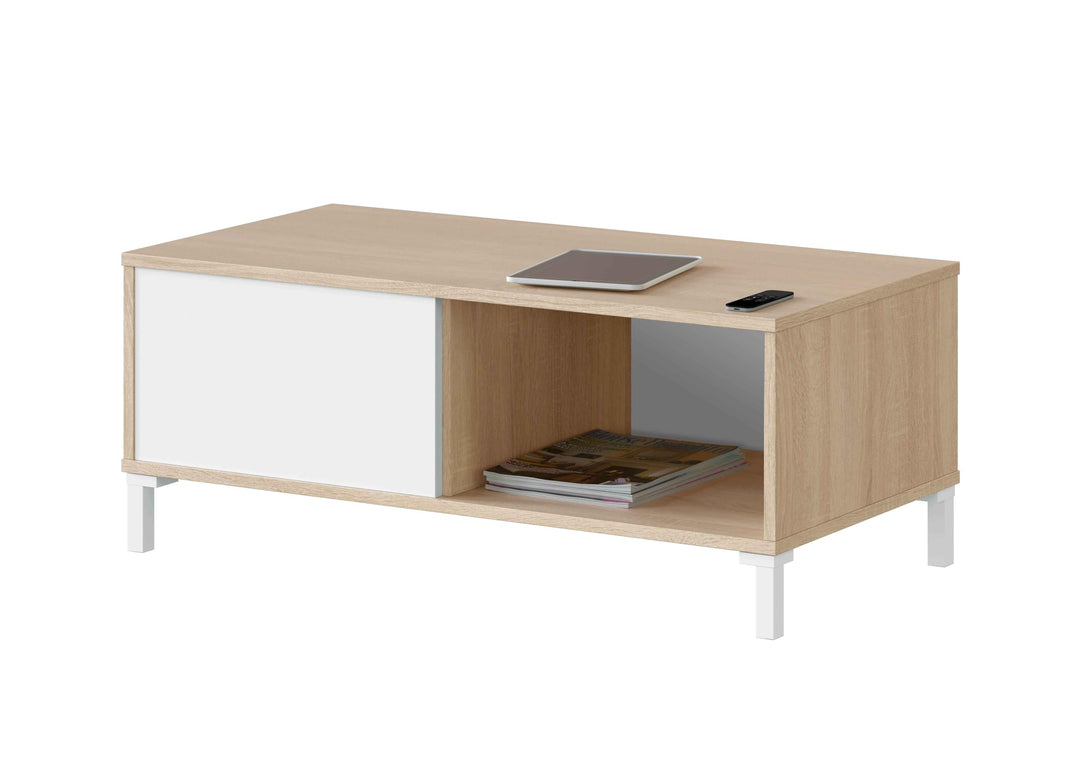 Wohnzimmer-Couchtisch mit einer Schublade und einem Tagesfach, Farbe Weiss und Eiche, 100 x 40 x 50