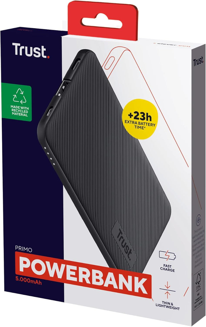 Trust Mobile Primo Dünne Powerbank Schnellladefunktion 5000 mAh, Nachhaltig, USB C Externer Akku, Tr