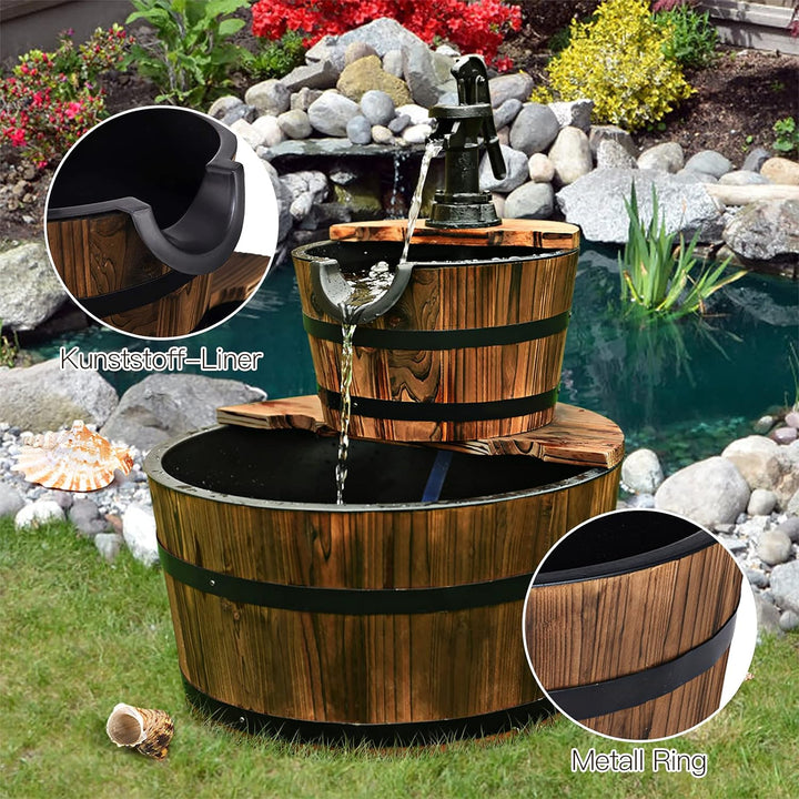 GOPLUS Holzfass-Brunnen mit Hochleistungspumpe, Springbrunnen aus Tannenholz, Wasserspiel im Freien