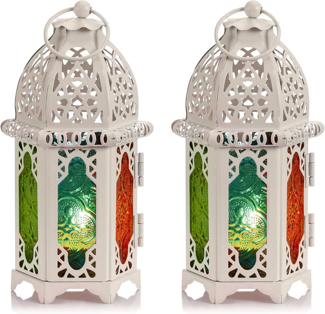 Nuptio 2 Stück Marokkanischen Stil Kerze Laterne, Kleine Teelichthalter mit Bunten Glasscheiben Idea