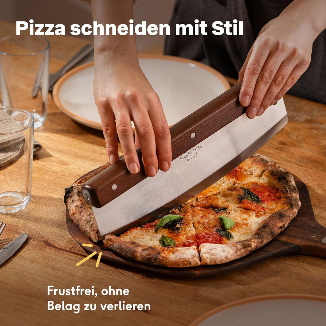 SILBERTHAL Pizza Set 3tlg mit Pizzastein, Pizzaschieber &amp; Pizzaschneider | Zubehör Set aus Edelstahl