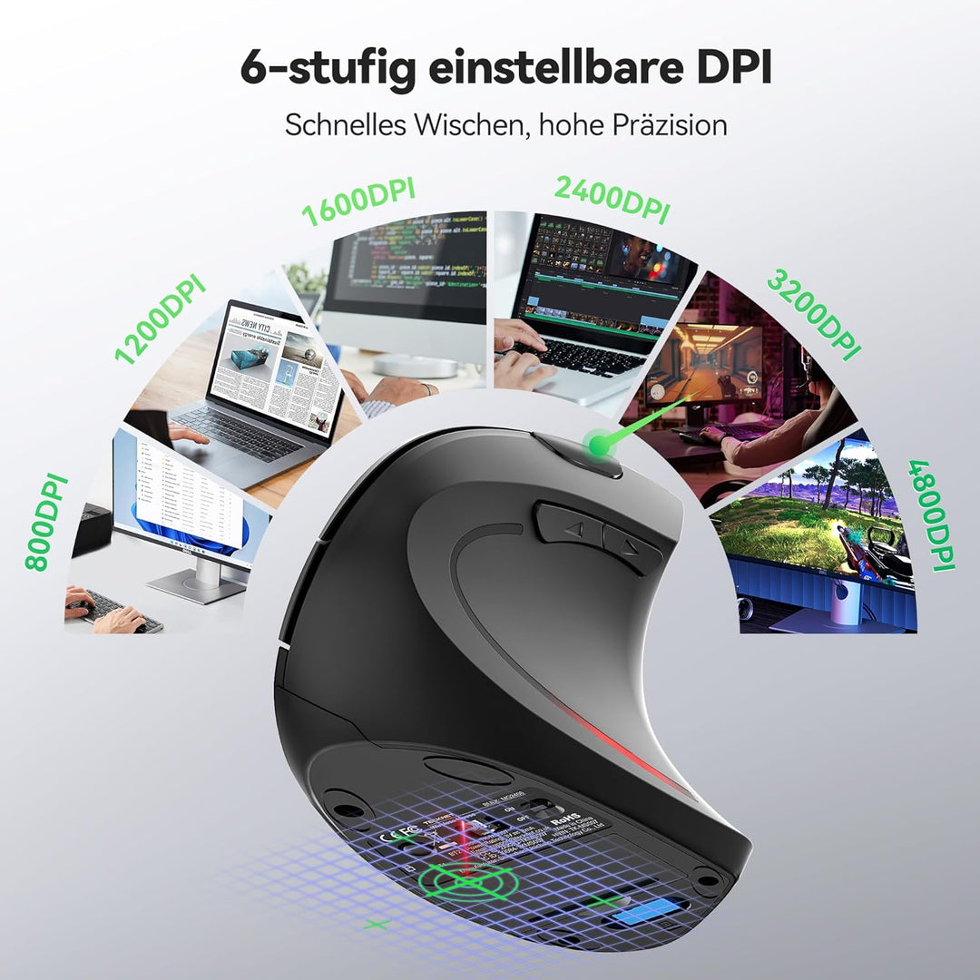 TECKNET Ergonomische Maus mit Jiggler, Kabellose Bluetooth Vertikales Maus(BT 5.0/3.0 & 2.4G) mit US