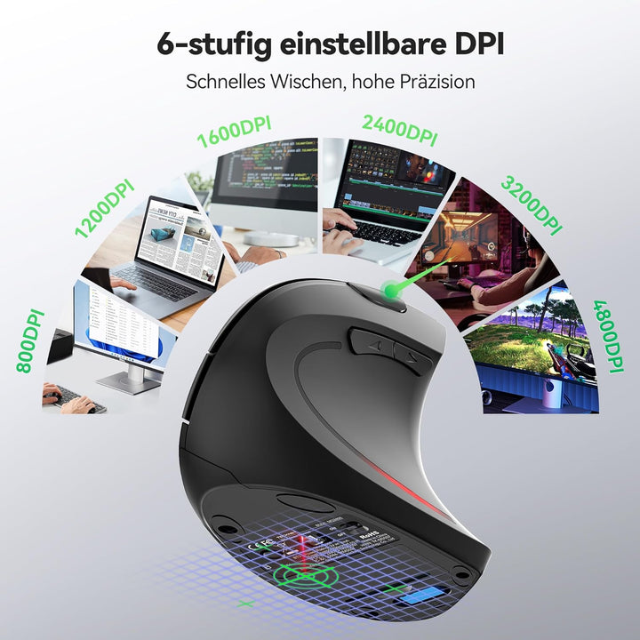 TECKNET Ergonomische Maus mit Jiggler, Kabellose Bluetooth Vertikales Maus(BT 5.0/3.0 & 2.4G) mit US