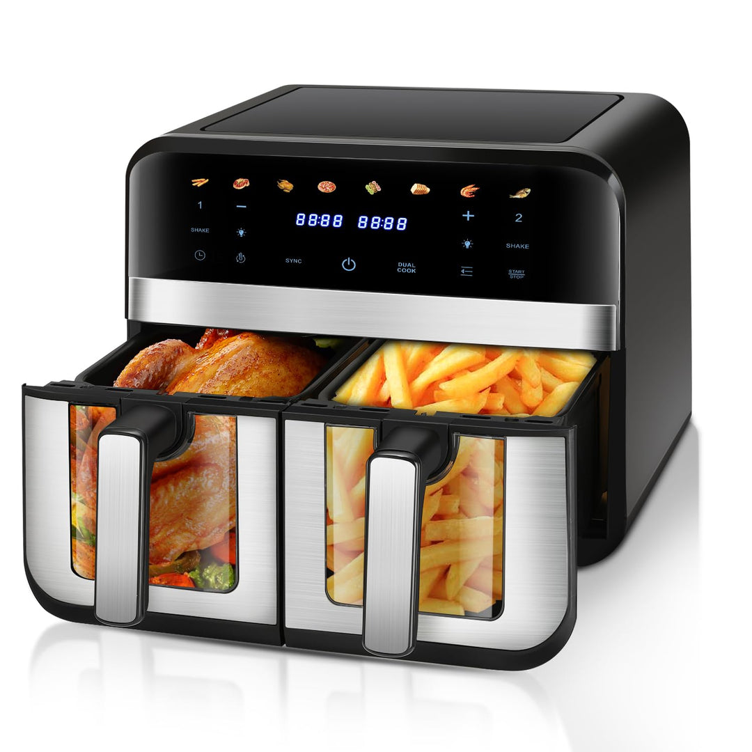 Dual Zone Heissluftfritteuse, XXL 9L Rapid AirFryer, 2 Fächer, 8 Programme, 80°C- 200°C, 2400W, Heis