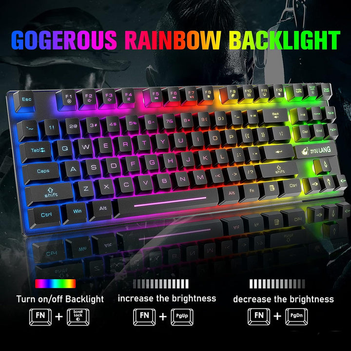 Kabellose Gaming-Tastatur und Maus, 87 Tasten, Regenbogen-LED-Hintergrundbeleuchtung, wiederaufladba