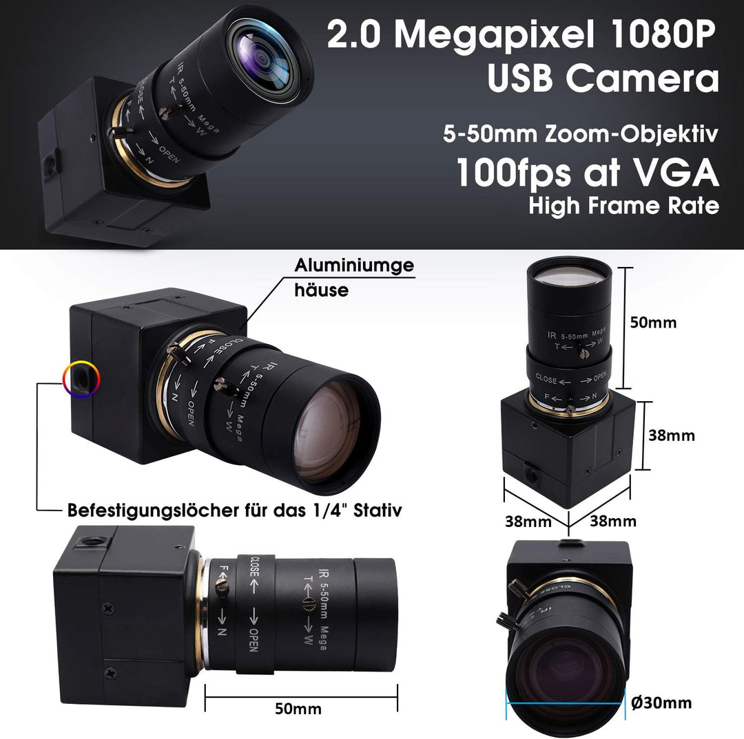 Svpro USB Webkamera mit 5-50mm Objektiv Kamera mit manuellem Fokus und Zoom Mini Webcam 2MP High Fra