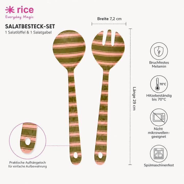 RICE Salatbesteck Melamin 2-teilig, 29 cm, grün rosa Streifen | Salatlöffel &amp; Salatgabel, BPA-frei,